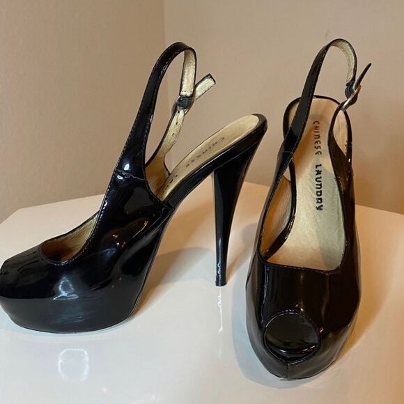 Chinese Laundry Black Patent Peep Toe Slingback Heels Sz 7 - Picture 1 of 7